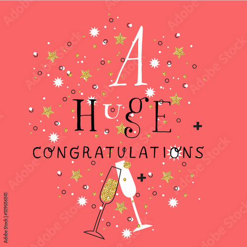 champagne flutes with golden bubbles on minimalistic background with space for text. A huge congratulations