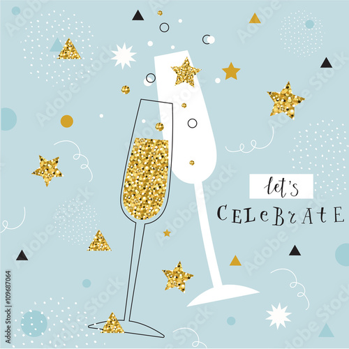 champagne flutes with golden bubbles on minimalistic background with space for text. let's celebrate