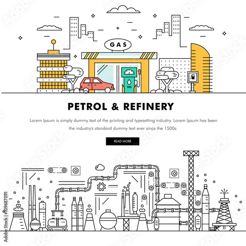 Modern petrol industry thin block line flat color icons and composition with gas station technology  and development gasoline program