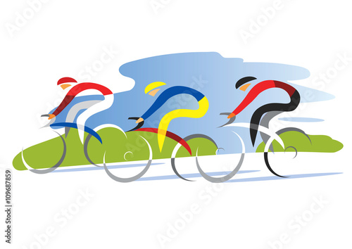 Three Cyclists on the road
Three racing cyclists. Colorful stylized illustration. Vector available.
