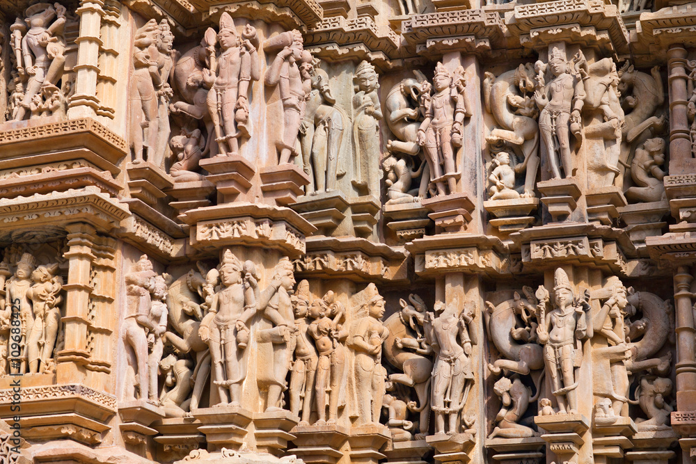 Bas-relief at famous ancient temple in Khajuraho, India