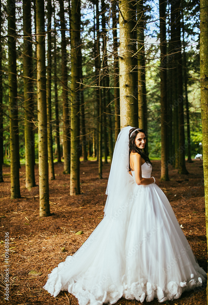 girl in a white wedding dress with a bouquet of red flowers and greens in hands stands on a meadow in the woods girl in a white wedding dress with a bouquet of red flowers and greens in hands stands on a meadow in the woods