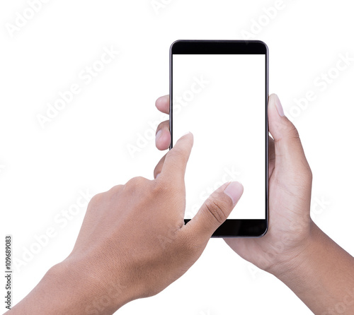 Hand holding and touch smartphone with blank screen on white background