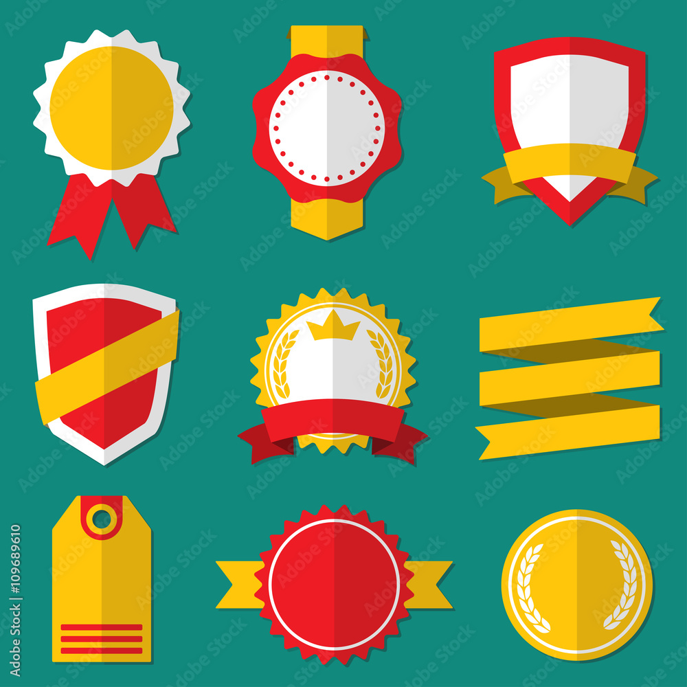 Badges, Stickers, Labels, Shields and Ribbons set. Flat style. Vector vintage illustration. Badges, Stickers, Labels, Shields and Ribbons set. Flat style. Vector vintage illustration.