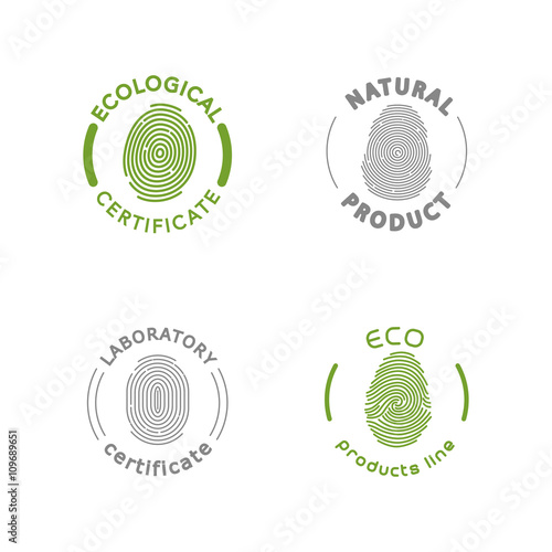 Vector flat eco product emblem. Ecological cosmetic sign. Eco badge. Finger stamp. Natural product line. Nature certificate quality. Eco symbol. Natural cosmetics.