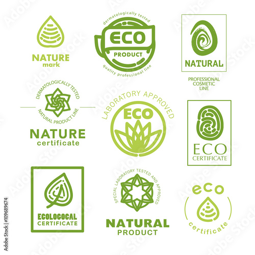 Vector flat eco product emblem set. Ecological cosmetic sign. Eco badge. Finger stamp. Natural product line. Nature certificate quality. Leaf, flower icon. Natural cosmetics. Eco friendly logo. 