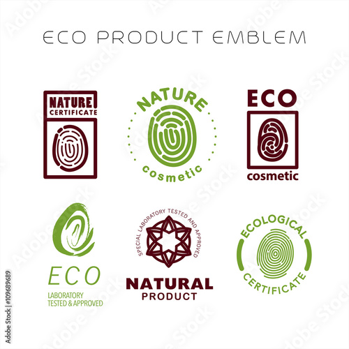 Vector flat eco product emblem set. Ecological cosmetic sign. Eco badge. Finger stamp. Natural product line. Nature certificate quality. Leaf, flower icon. Natural cosmetics. Eco friendly logo. 