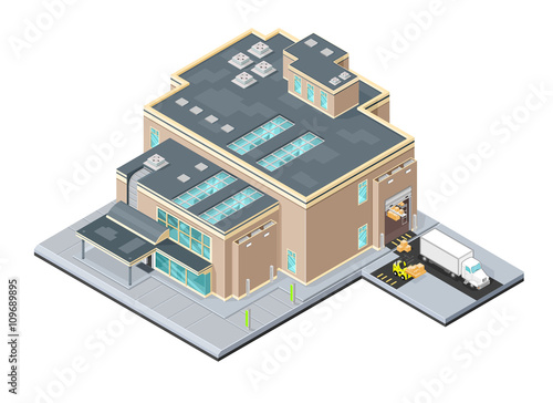 Isometric Vector Illustration icon of Distribution warehouse factory.
Manufacture of goods with delivery truck - Goods delivery distribution concept.