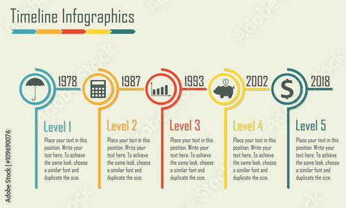 Timeline Infographics template. Isolated design elements. Colorful vector illustration.