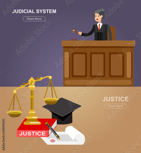 Law horizontal banner set with judical system elements isolated vector illustration