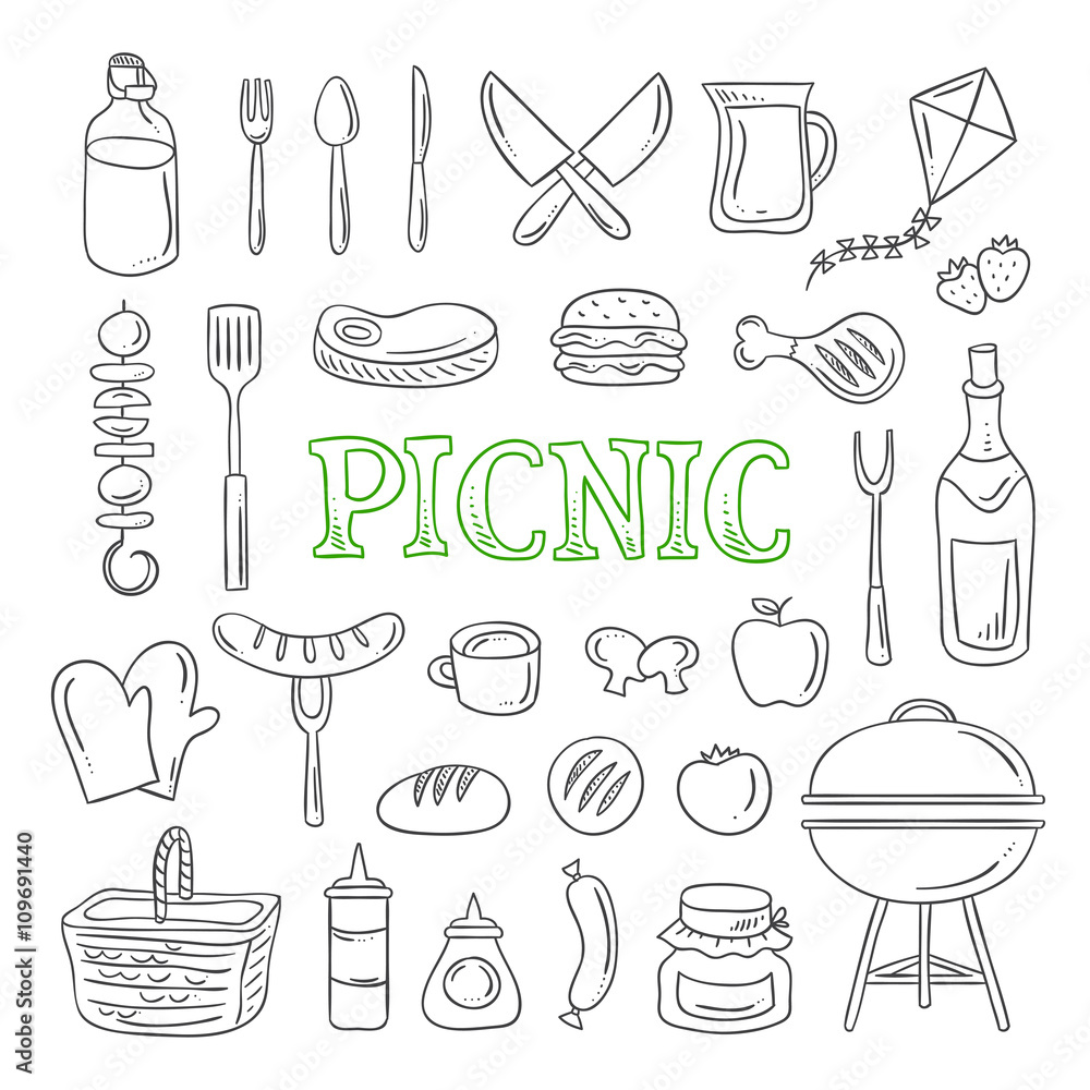 Picnic doodle illustrations. Hand drawn picnic icons. Food and drink