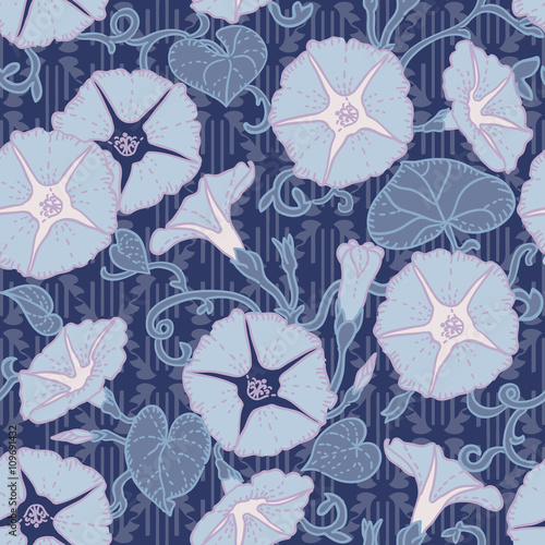 Morning Glory Seamless Pattern.  Hand drawn ornamental wallpaper or textile pattern with intricate floral motives in vector format.  