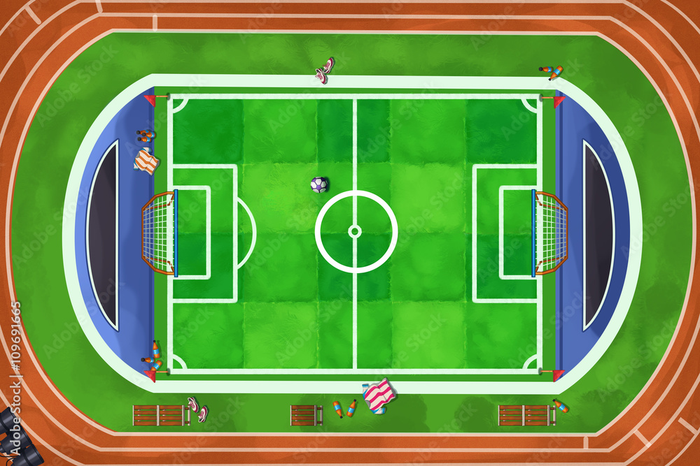 Creative Illustration and Innovative Art Football Playground, Soccer, Stadium, Track Top View