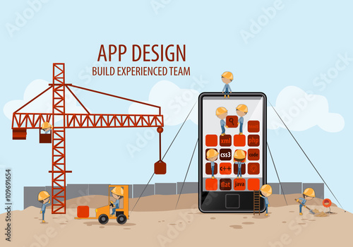 Mobile App Development, Experienced Team - Vector Illustration, Graphic Design. App Isometric Concept