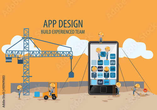 Mobile App Development, Experienced Team - Vector Illustration, Graphic Design. App Isometric Concept