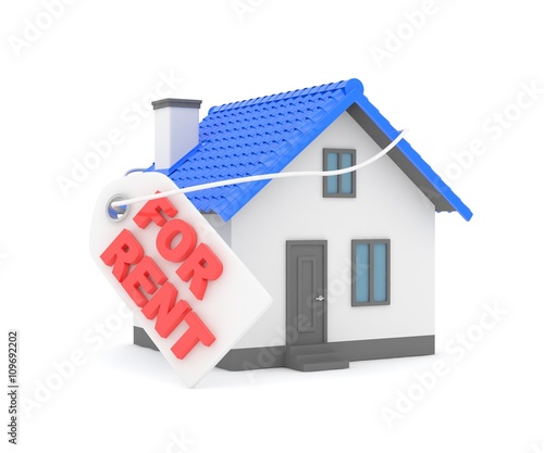 Miniature model of house real estate for rent label on white background. 3D rendering.