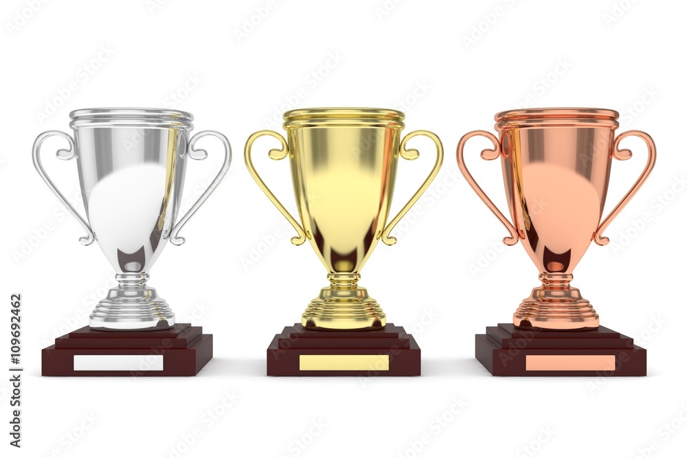 Three cups on white background. 3D rendering. Three cups on white background. 3D rendering.