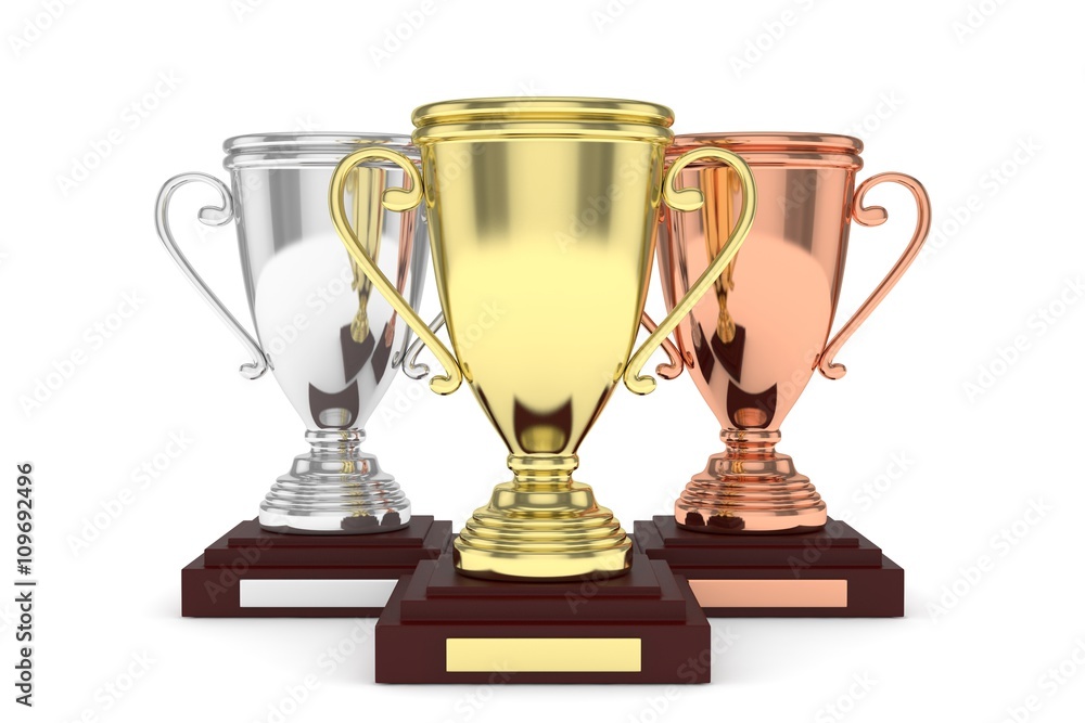 Three cups on white background. 3D rendering. Three cups on white background. 3D rendering.