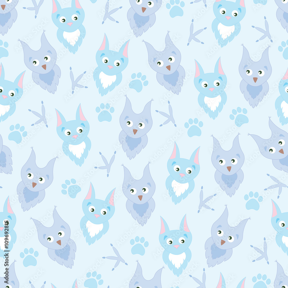 Background cute cartoon owl and cat. Background adorable owl and cat, paw prints and claws. Background for children, baby. Blue Background for boy.