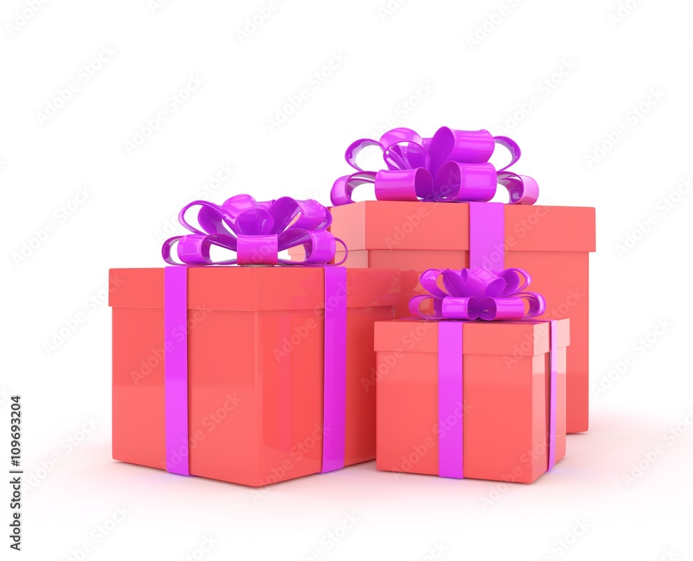 Fototapeta premium three gift boxes with bows isolated on white. 3d rendering.