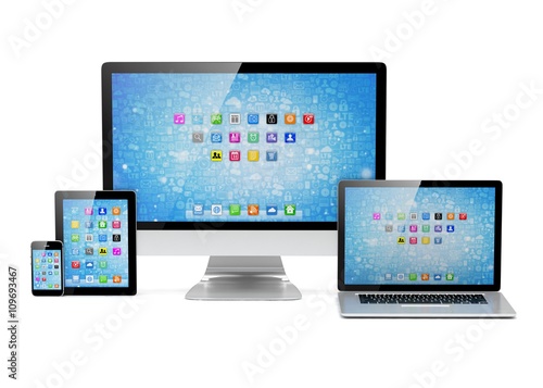 Ultimate web design, laptop, smartphone, tablet, computer, display. 3d rendering.