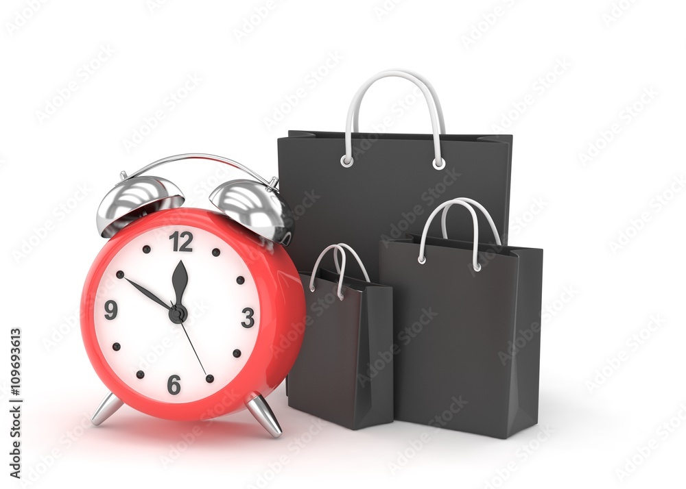 alarm clock and shopping bag (time to buy concept). 3d rendering. alarm clock and shopping bag (time to buy concept). 3d rendering.