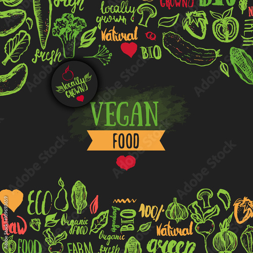 Hand drawn eco food poster with lettering for organic, bio, natural, vegan, food on dark background