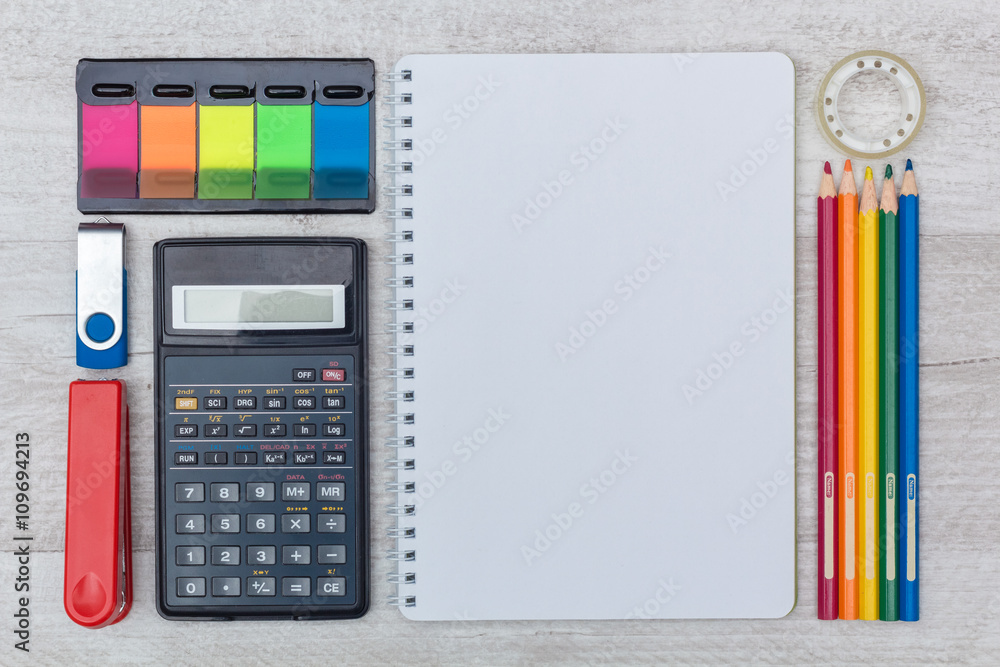 flat lay: notepad and calculator flat lay: notepad and calculator