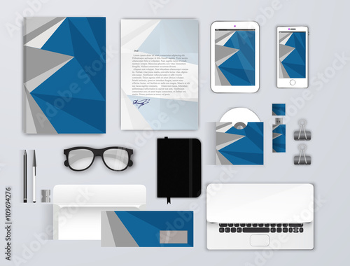 Corporate identity template set. Business stationery mock-up for branding design. Letter envelope, card, catalog, pen, pencil, tablet pc, letterhead, brochure cover.