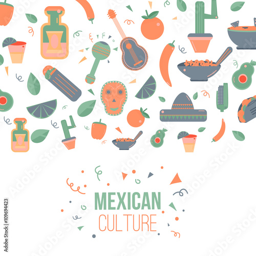 Mexican culture logo for labels  emblems and badges  set of vector design elements. Sombrero and maracas  mexican guitar  tequila bottle  taco logo.