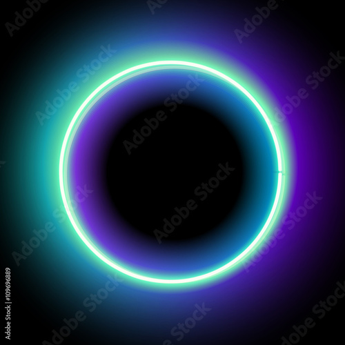 Neon circle. Neon blue light. electric frame. Vintage frame. Retro neon lamp. Space for text. Glowing neon background. Abstract electric background. Neon sign circle. Glowing electric circle.