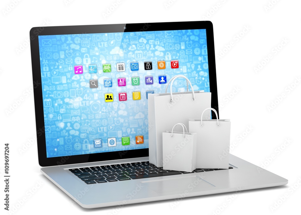 laptop and shopping pags on white background. 3d rendering. laptop and shopping pags on white background. 3d rendering.