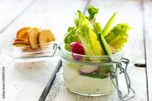 Delicious crispy salad with yoghurt sauce and crackers