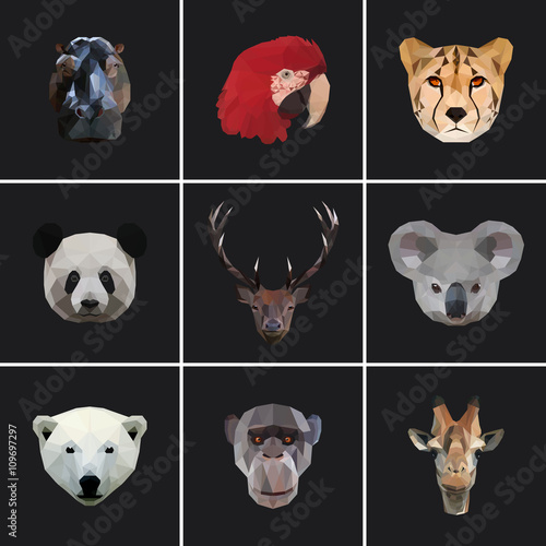 Geometric colored animal set isolated silhouette designed on dark background. Animal pack. Polygonal animal. Geometric animal. Animal colored. Poly animal.