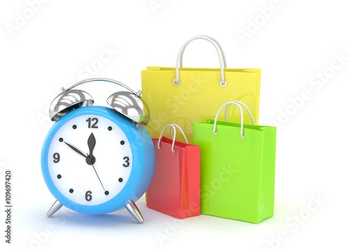 alarm clock and shopping bag (time to buy concept). 3d rendering.