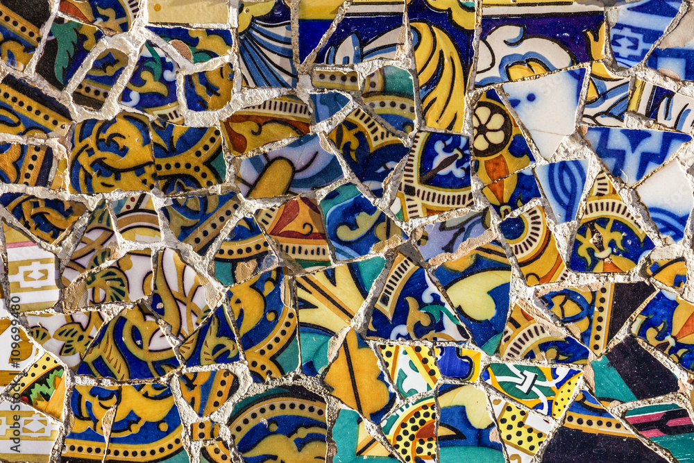 mosaic tile, ceramic decoration in Guell park, Barcelona