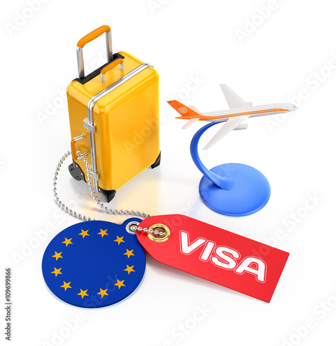 European Travel Visa Concept. Illustration on the subject of Travel and Tourism. 3D rendering graphics on reflective white background. photo