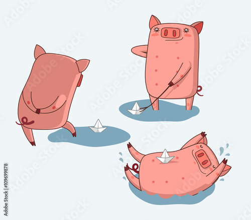 Vector illustration of a happy pig playing in a mud puddle.