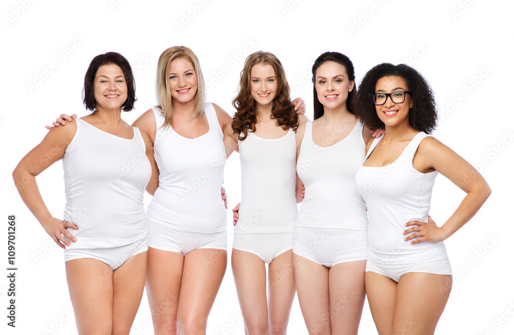 group of happy different women in white underwear group of happy different women in white underwear