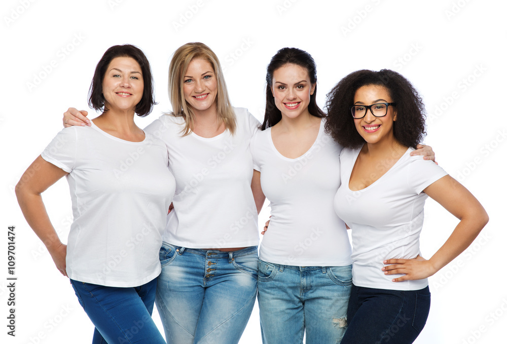 group of happy different women in white t-shirts group of happy different women in white t-shirts