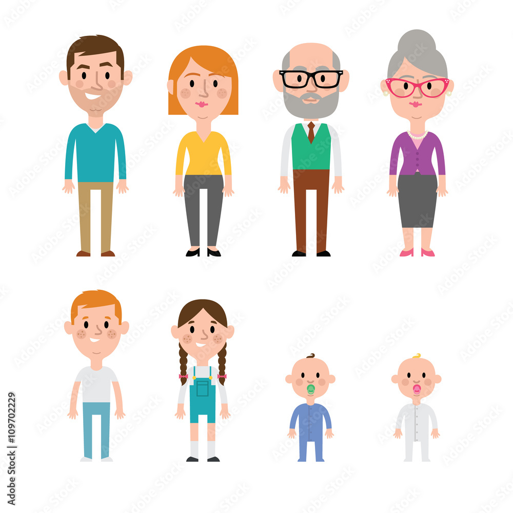 Flat Vector Caucasian Family Members. Parents, Grandparents, Children and Baby