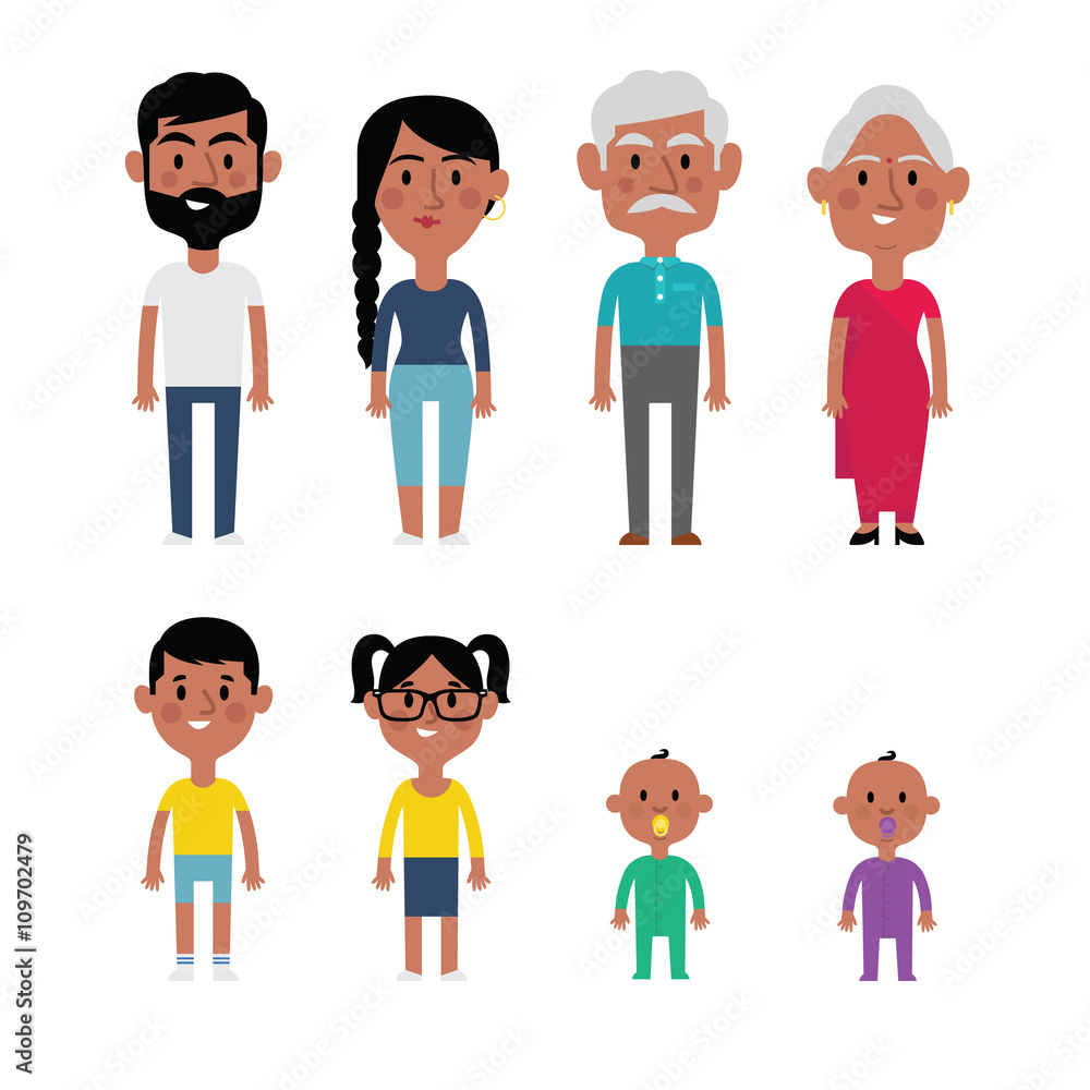 Flat Vector Indian Family Members. Parents, Grandparents, Children and Baby Flat Vector Indian Family Members. Parents, Grandparents, Children and Baby