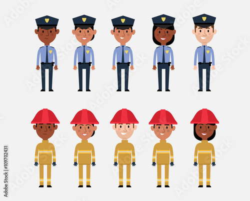 Illustrations Of Occupations In USA Police And Fire Services