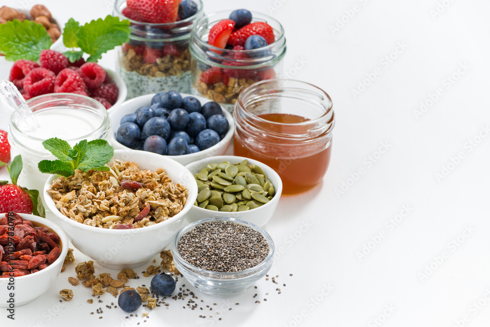 Fototapeta foods for healthy nutrition and breakfast on white background