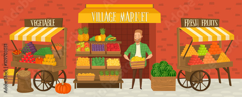Farmers market. Local farmer shopkeeper. Seller fresh vegetables.  Natural product. Village market. Food for a healthy lifestyle. Local shop. Vegetarian food. 
