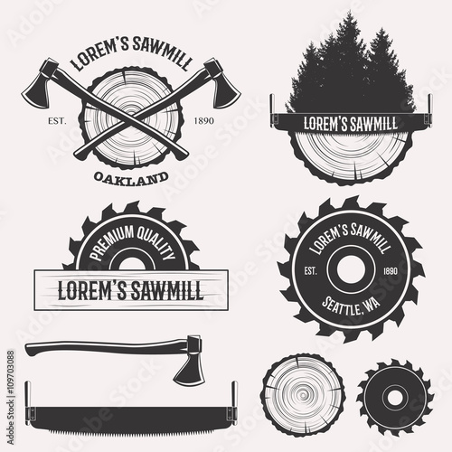 Vintage sawmill logo set labels badges and design elements isolated on white background