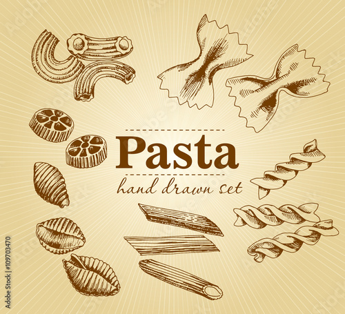 Hand drawn Collection of different types of pasta.