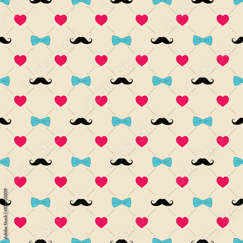 happy father's day greeting design, bow, mustache and heart shape pattern background vector