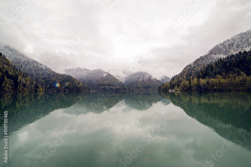 panorama left-to-right Ritsa lake in the spring morning photo