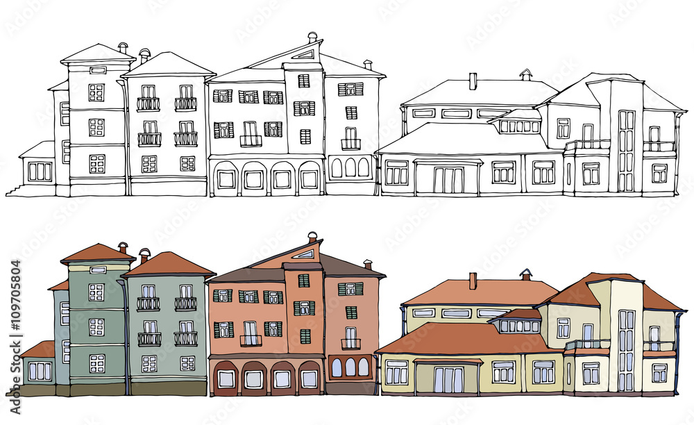 Historical cityscape, old buildings street, european architecture. Color and outlined versions. Vector illustration.